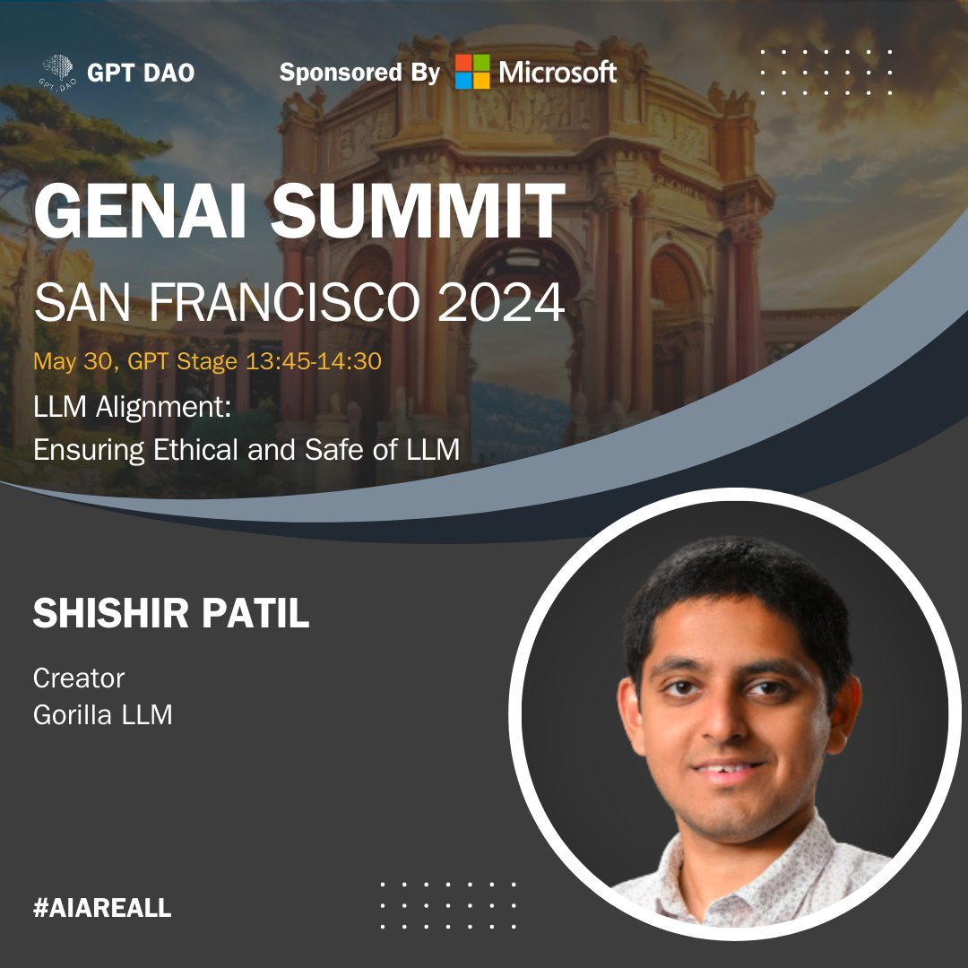 Meet Shishir Patil @shishirpatil_, Creator of Gorilla LLM, speaking at #GENAISummitSF2024 on 'LLM Alignment: Ensuring Ethical and Safe of LLM'

More event info on genaisummit.ai. The clock is ticking.

#ai #artificialintelligence #airevolution #machinelearning