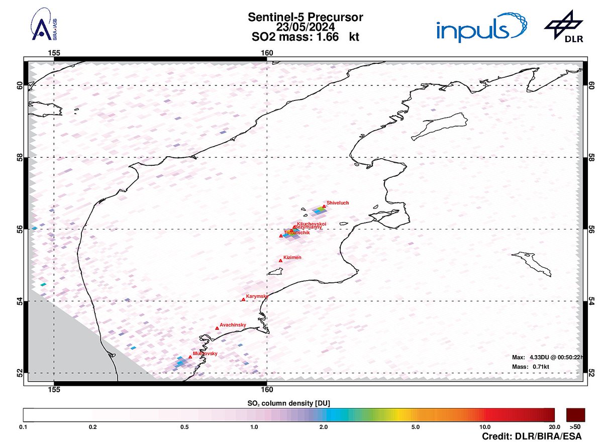 On 2024-05-23 #TROPOMI has detected an enhanced SO2 signal of 4.33DU at a distance of 5.0km to #Bezymianny. Other nearby sources:  #Kliuchevskoi #Tolbatschik #Kizimen. #DLR_inpuls @tropomi #S5p #Sentinel5p @DLR_en @BIRA_IASB @ESA_EO #SO2LH