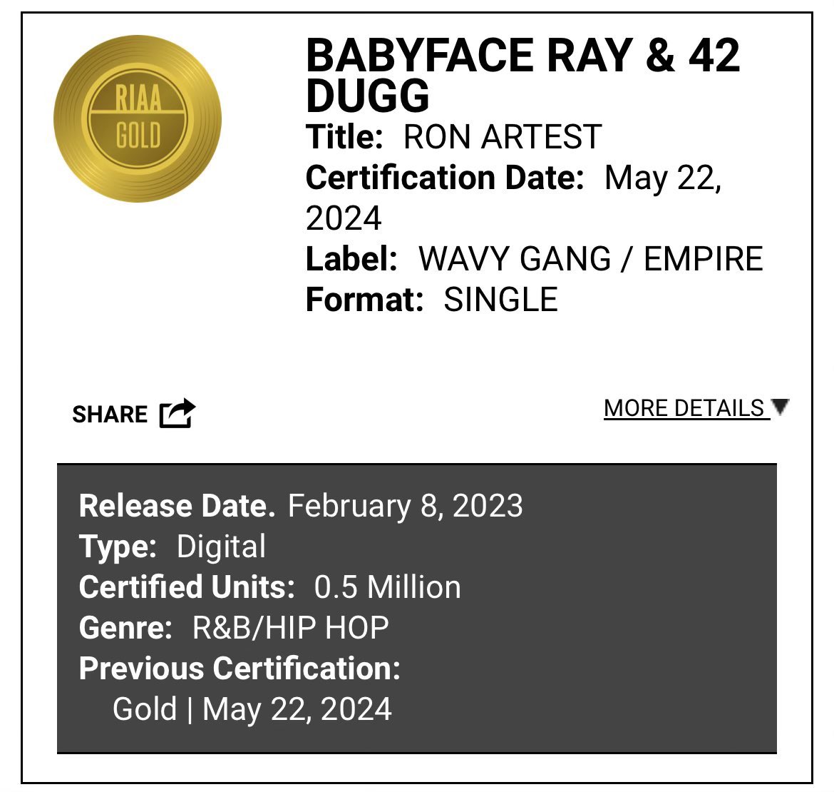 Congrats to @babyfaceray on the gold certification for #RonArtest featuring #42Dugg 🏆📀