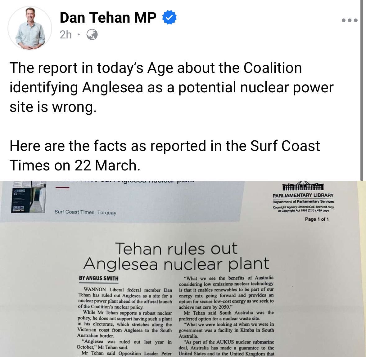 Thanks for clearing that up Dan. If the LNP can rule out a nuclear power plant in Anglesea, that means you know where the plants will and won’t be. So how about you clarify it for every Australian and every community, by releasing your policy. With locations, costings and