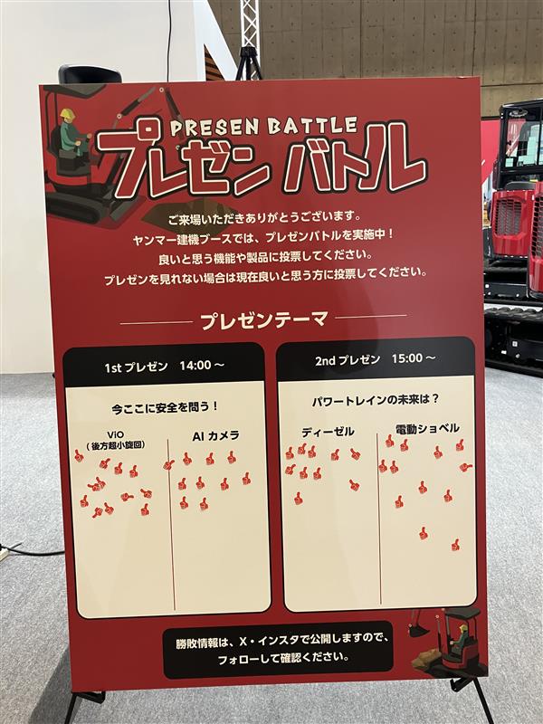 YanmarCE_Japan's tweet image. 本日のプレゼンバトル🎙️結果発表！

【テーマ】
①安全性をここに問う！
　ViO か！？ Aiカメラか！？

②パワートレインの未来は？
　ディーゼルエンジンか！？  電動か！？

＃CSPI2024 #CSPI #ヤンマーのCSPI