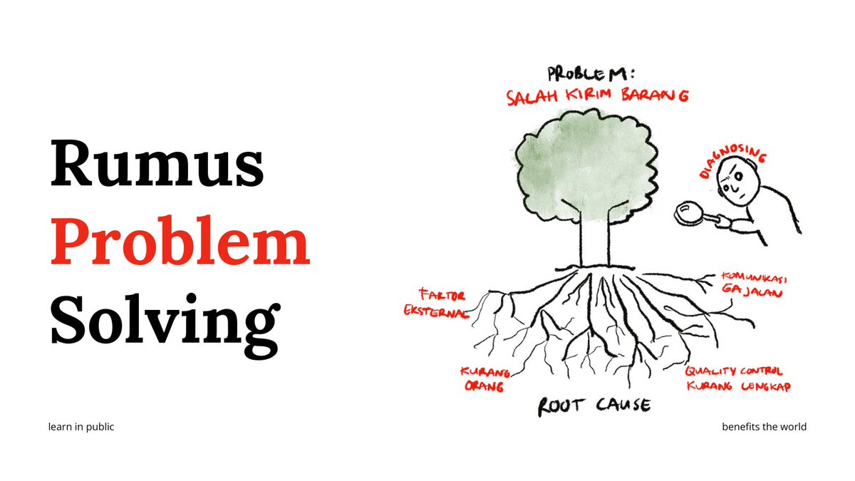 narawastu's tweet image. Dulu gue sering ngira udah ngesolve suatu problem, eh tapi muncul lagi.

Ternyata yang gue solve cuma symptoms-nya doang.

Sampe gue ketemu bukunya Ken Watanabe tentang Problem Solving yang enak banget dibaca.

Rumusnya gini ↓
