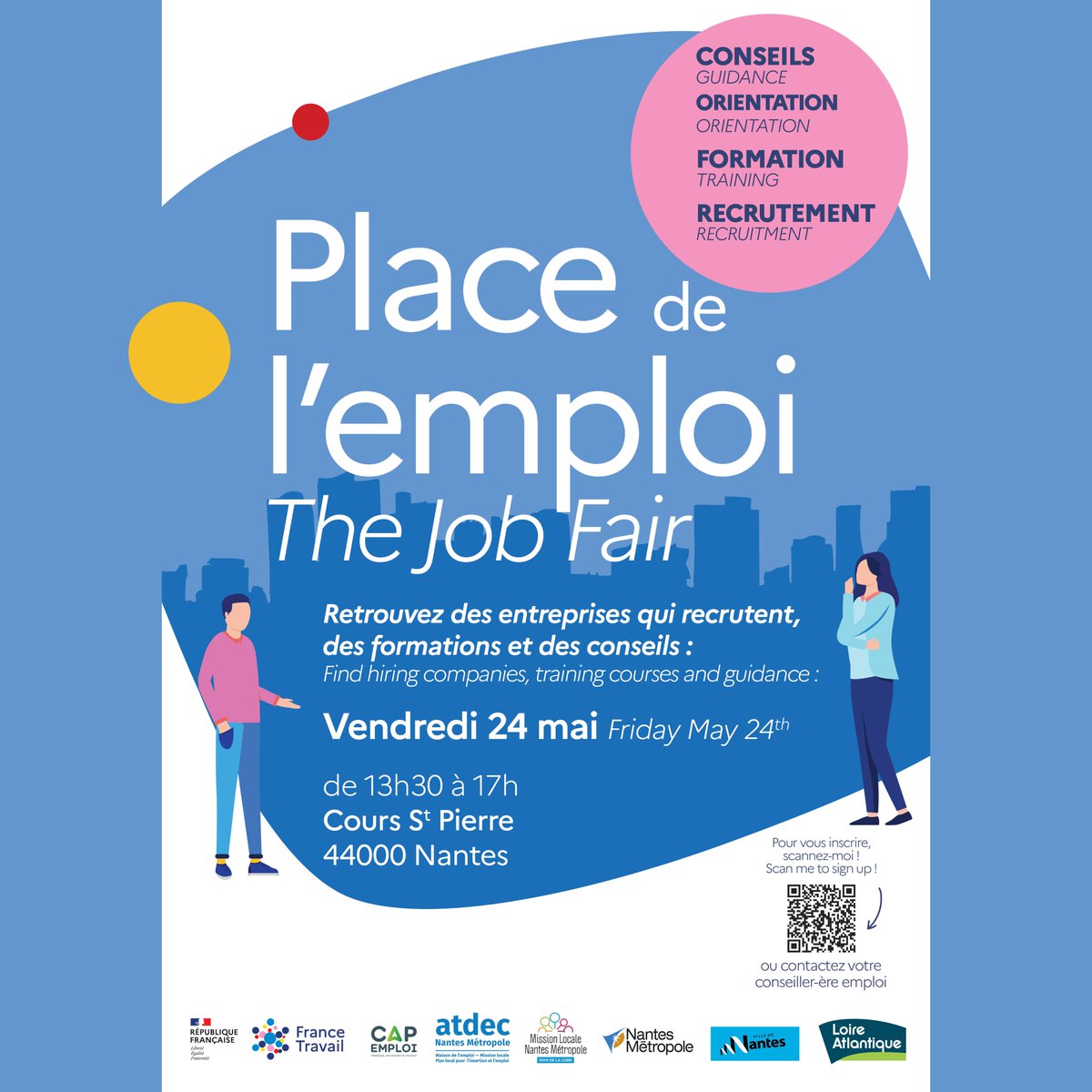 [EVENEMENT] RDV demain pour Place de l'emploi 2024 avec @FranceTravail 📍 Vendredi 24 mai, de 13h30 à 17h, Cours St-Pierre à @nantesfr // Venez rencontrer votre futur #employeur. Conseils, #recrutements, orientations, formations et bien plus ! + d'infos atdec.org