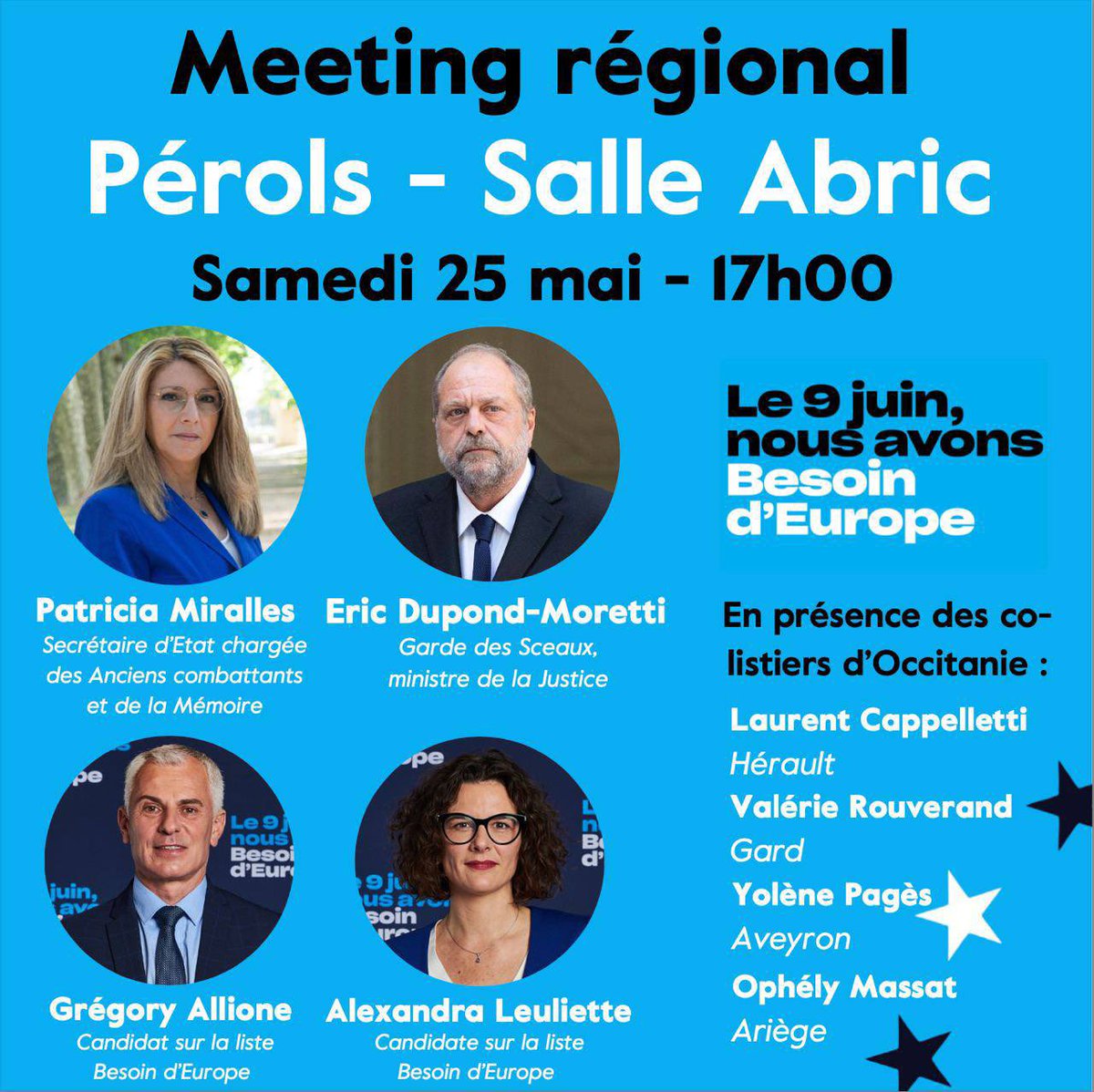 ➡️ Rendez-vous ce samedi 25 mai pour un meeting régional à Pérols ! 

Venez partagez un moment de démocratie avec des invités exceptionnels, en vue des élections européennes. 🇪🇺

Parce que nous avons @BesoindEurope !

Votons <a href="/ValerieHayer/">Valérie Hayer</a> le 9 juin 🗳️