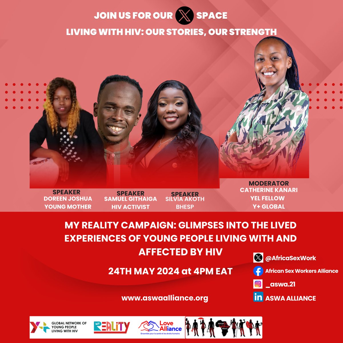 🚨 Only 1 Day Left! 🚨 Join us tomorrow for our X SPACE event: 'Living with HIV: Our Stories, Our Strength,' part of the MY REALITY CAMPAIGN. 📅 Date: 24th May 2024 🕓 Time: 4 PM EAT We are honored to have two remarkable speakers share their lived experiences: ✨ Doreen: A