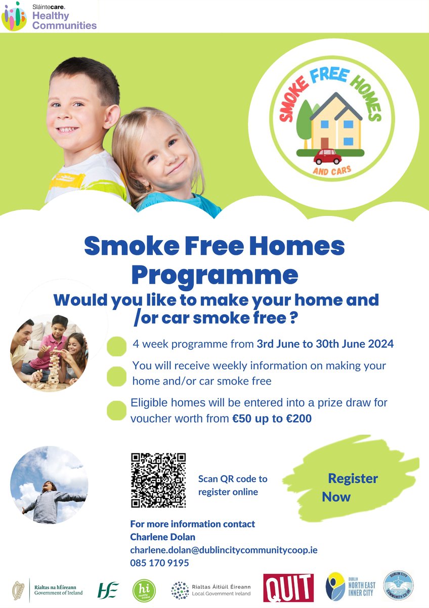 🌟Registration is now open for the Smoke Free Homes programme🌟The programme is for anyone who is living in Dublin’s North East Inner City and runs for four weeks📆For more info contact Charlene on 085 170 9195 or email harlene.dolan@dublinctiycommunitycoop.ie ! #NEIC #SmokeFree