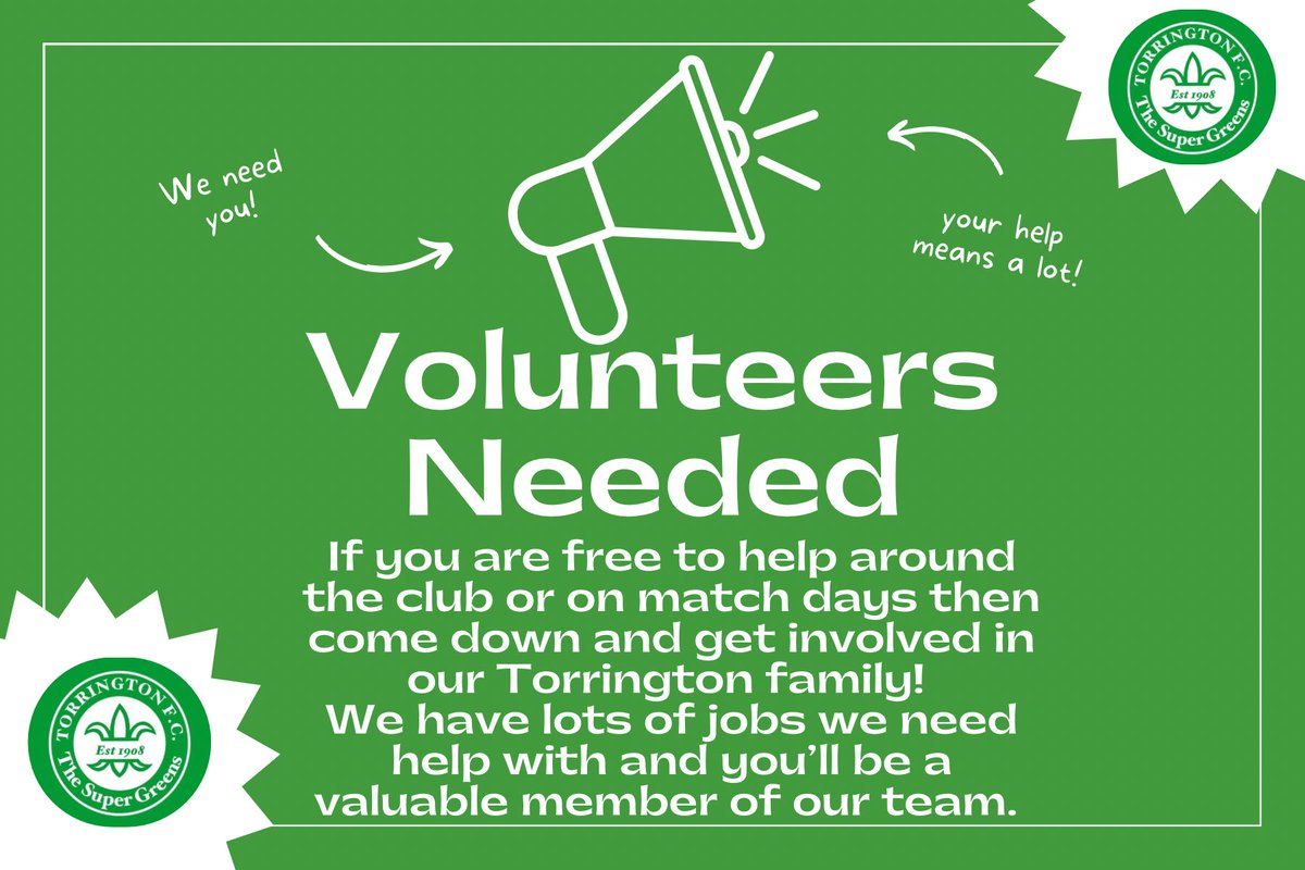 If your looking for something to do or wanting to be involved with the club then there are plenty of opportunities to be part of our Torrington family! Drop us a message if you think you could help 🇳🇬