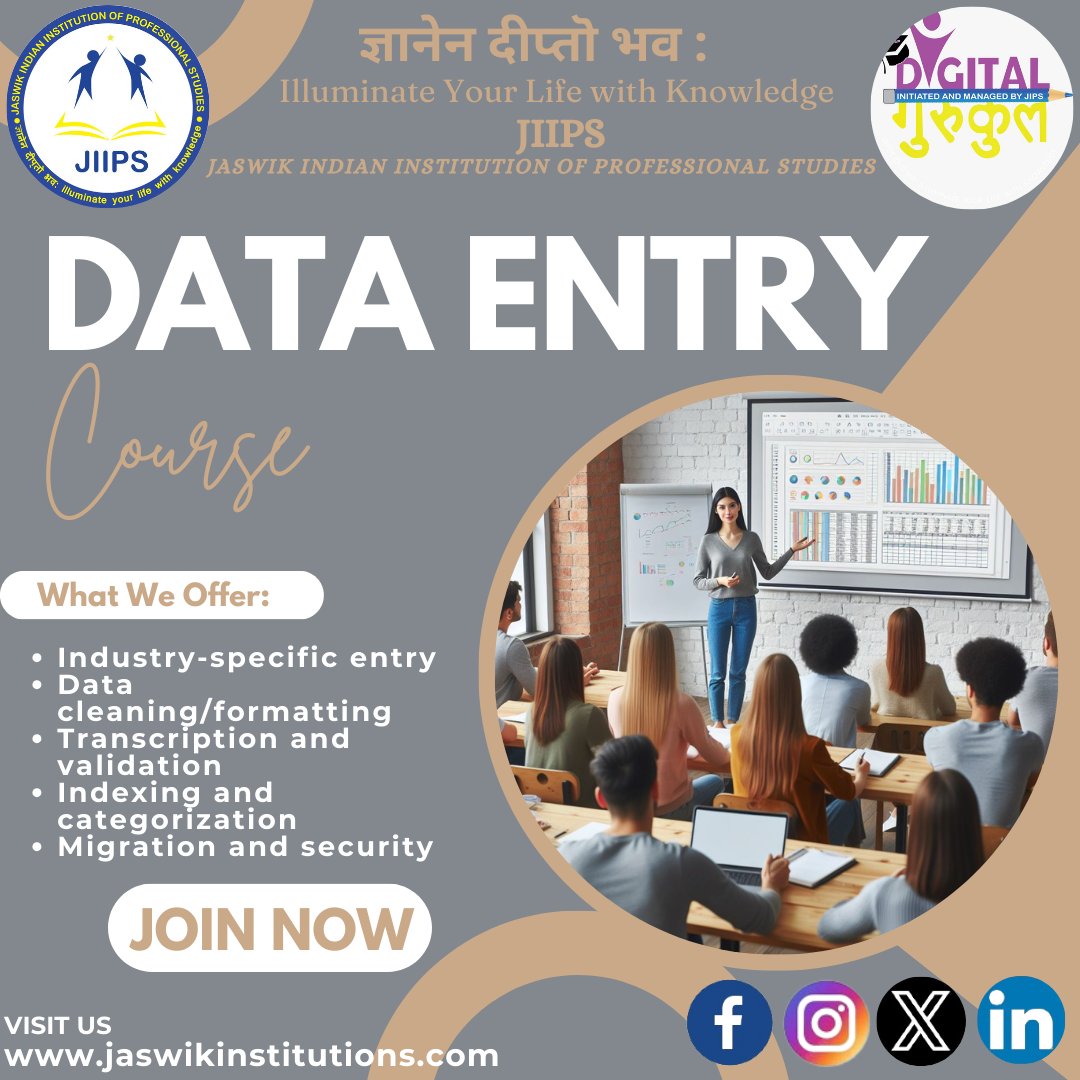 Master Data Entry: Enroll in Our Comprehensive Course for Accurate and Efficient Data Management Skills! #jaswikindianinstitutionofprofessionalstudies #DigitalGurukul #DataEntry #DataManagement #OnlineCourse #CareerDevelopment #ComputerSkills #EnrollNow #LearnDataEntry
