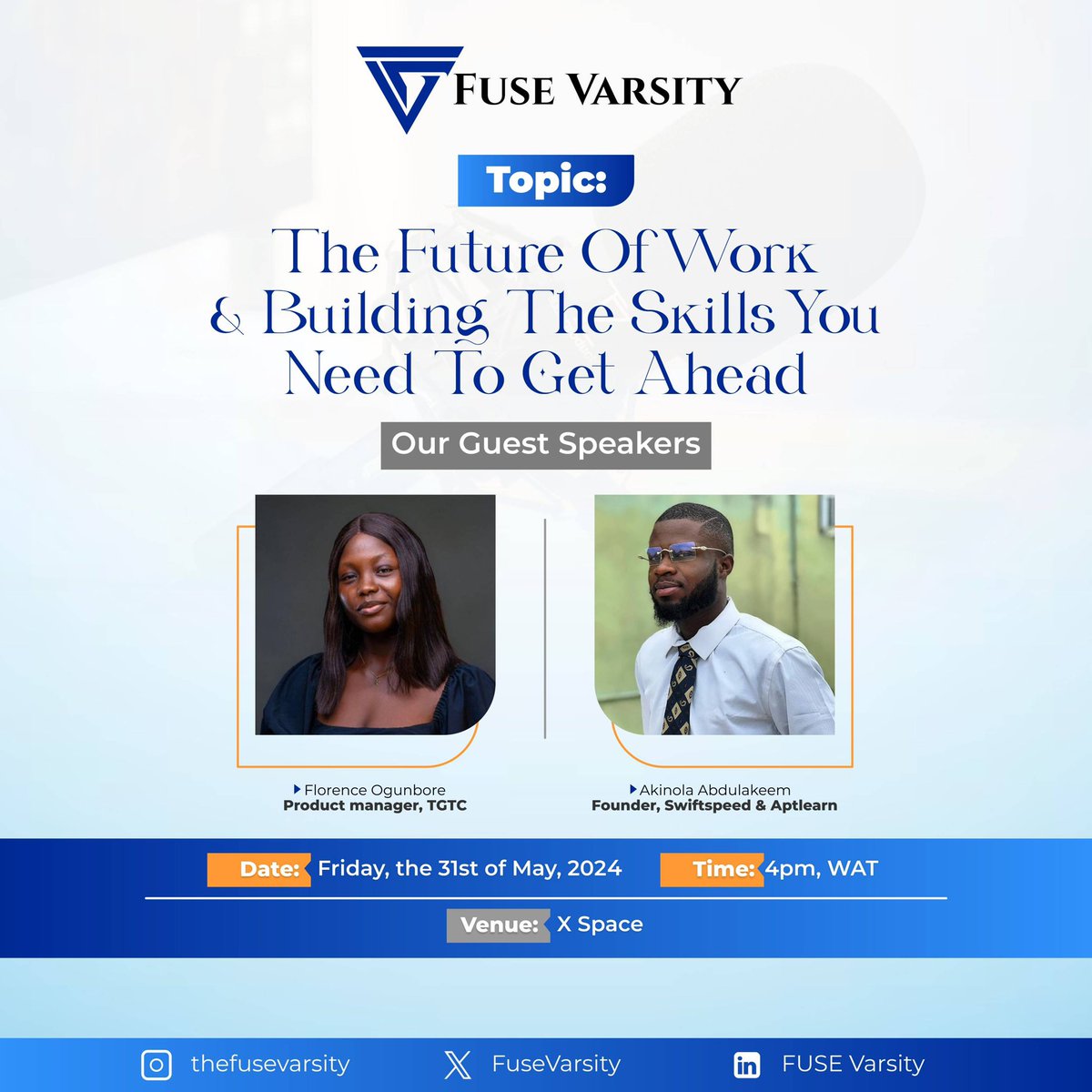 FUSEVarsity's tweet photo. We’re hosting our first X space! 🎉

Join us for a discussion with @Kynsofficial x @The_Florencee, centering on how work is changing &amp; skills you need to thrive in today’s dynamic environment.

Link to set a reminder below 👇🏽 
https://t.co/OExEP5Q0Ut https://t.co/ooV8B4DqH5