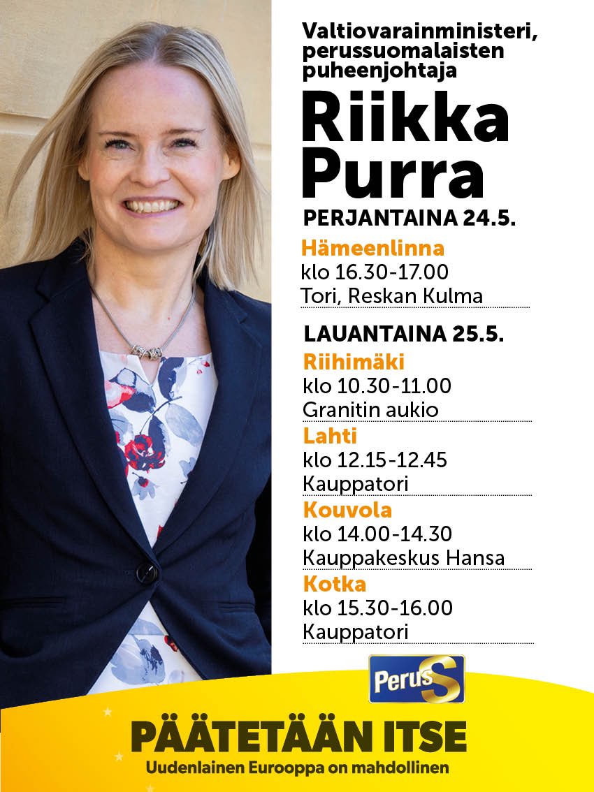 Tulevan viikonlopun kohteina Hämeenlinna, Riihimäki, Lahti, Kouvola ja Kotka. EU-vaalit, talous, sisäpolitiikka - tule juttelemaan! ☀️🌸 #persut