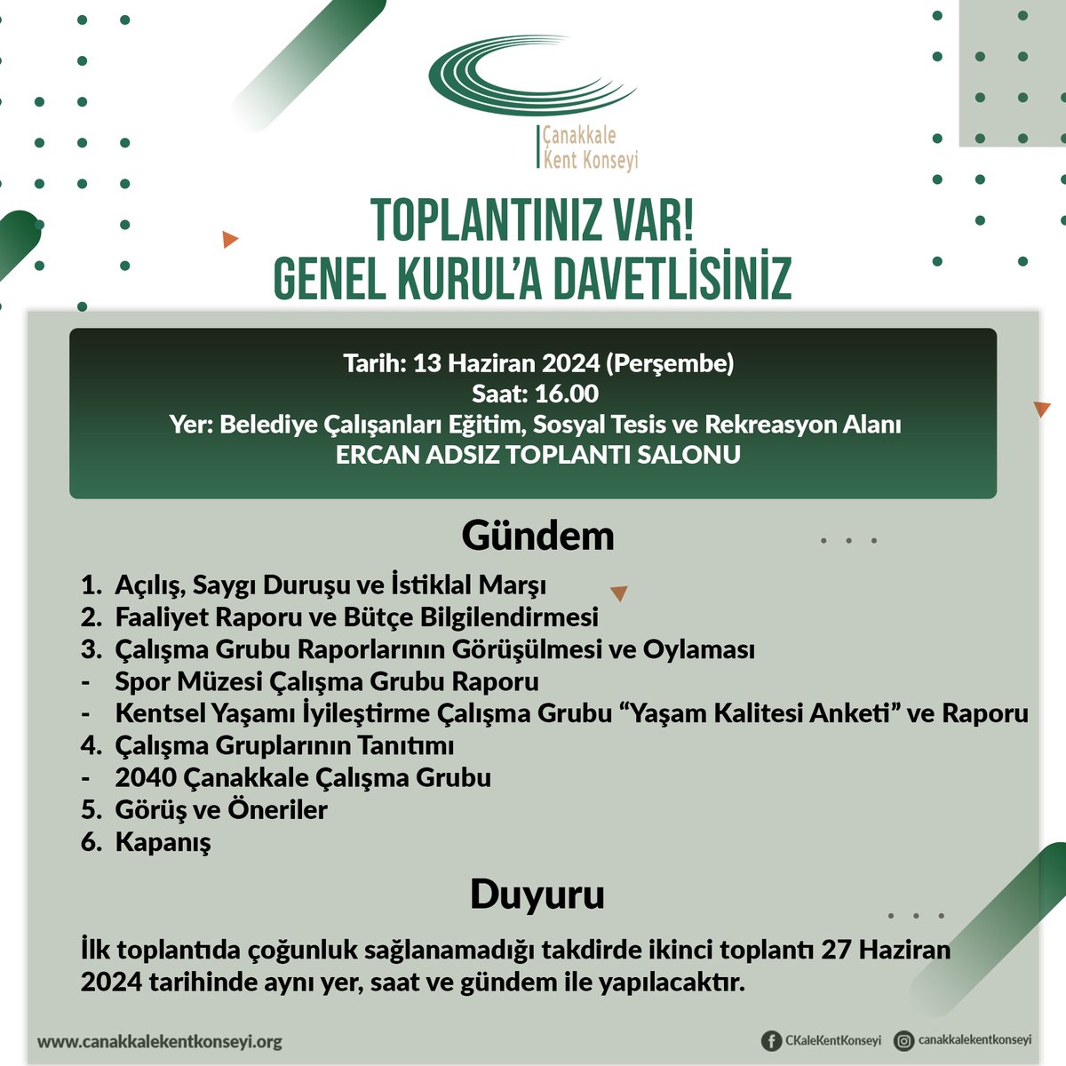 TOPLANTINIZ VAR!
GENEL KURUL’A DAVETLİSİNİZ

Tarih:   13 Haziran 2024 (Perşembe)
Saat:   16.00
Yer:   Belediye Çalışanları Eğitim, Sosyal Tesis ve Rekreasyon Alanı
ERCAN   ADSIZ TOPLANTI SALONU