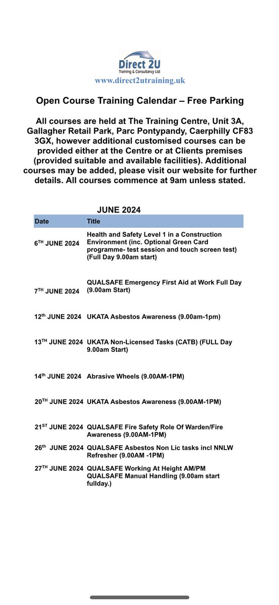 Direct2U_ltd's tweet photo. 📆 Public Training Schedule: 
      June 2024
For comprehensive details regarding course outlines, fees, and enrollment procedures, visit our official website at 

https://t.co/JBuV5SzPdA
or reach out to us via email at
Info@direct2utraining.uk
📞 07361212689 https://t.co/4gdd5NKI9k
