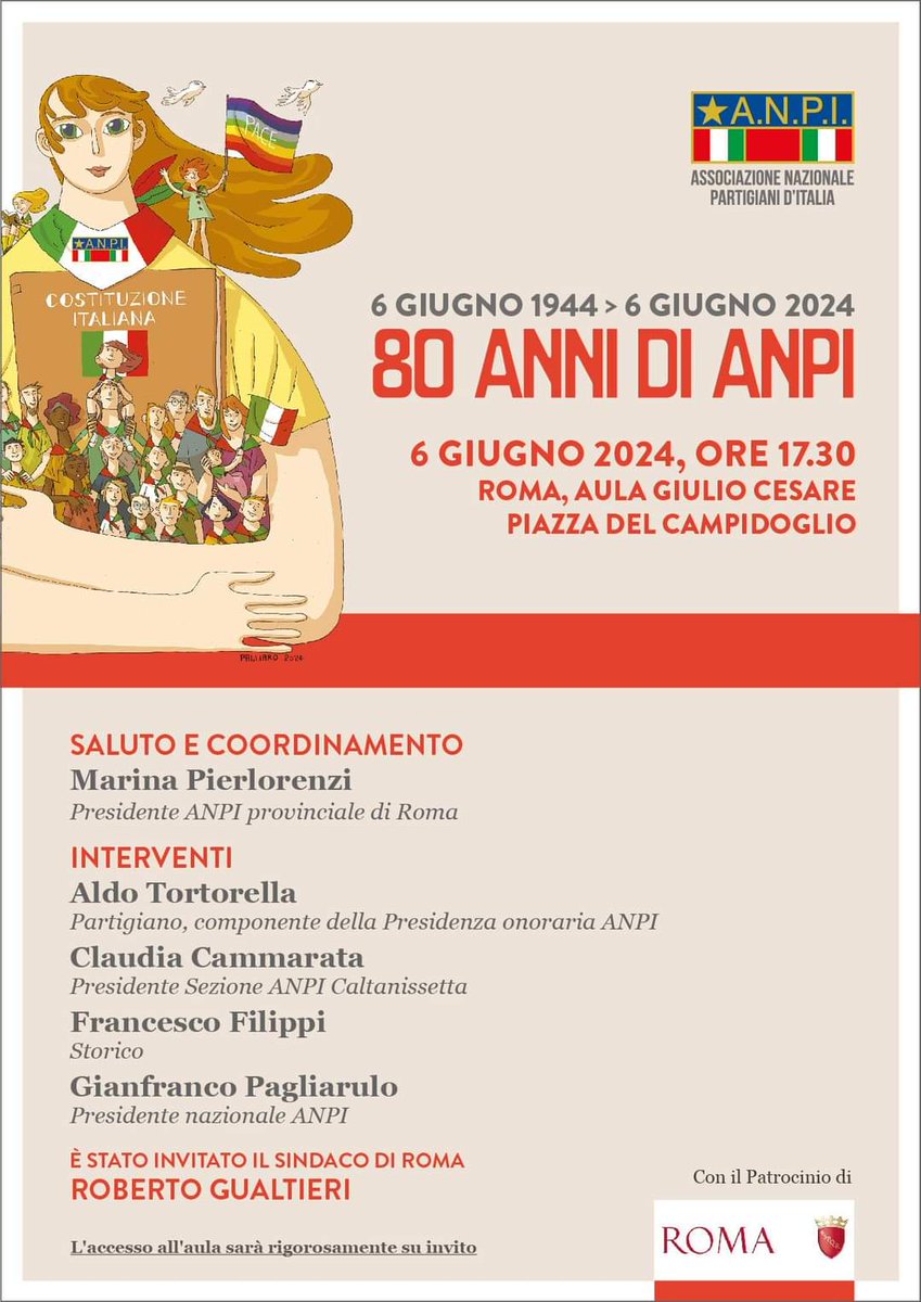 Siamo nati in Campidoglio, a Roma, 80 anni fa e proprio qui il 6 giugno celebreremo una vita di #Resistenza e #Costituzione. L'accesso sara rigorosamente su invito, ma è in previsione una diretta FB. Vi terremo aggiornati. LA RESISTENZA CONTINUA #ANPI80 #ANPI2024 @Roma