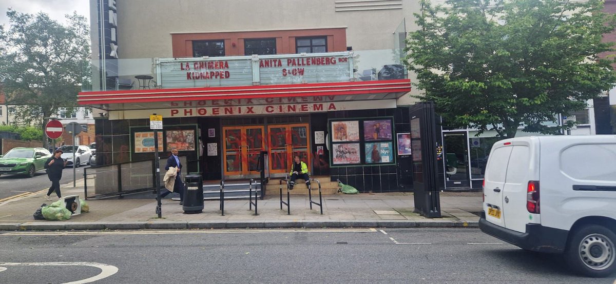 East Finchley’s beloved @Phoenixcinema has been desecrated with graffiti simply because they are showing a film about a massacre of innocent Jews at a music festival. Shame on the people that did this.