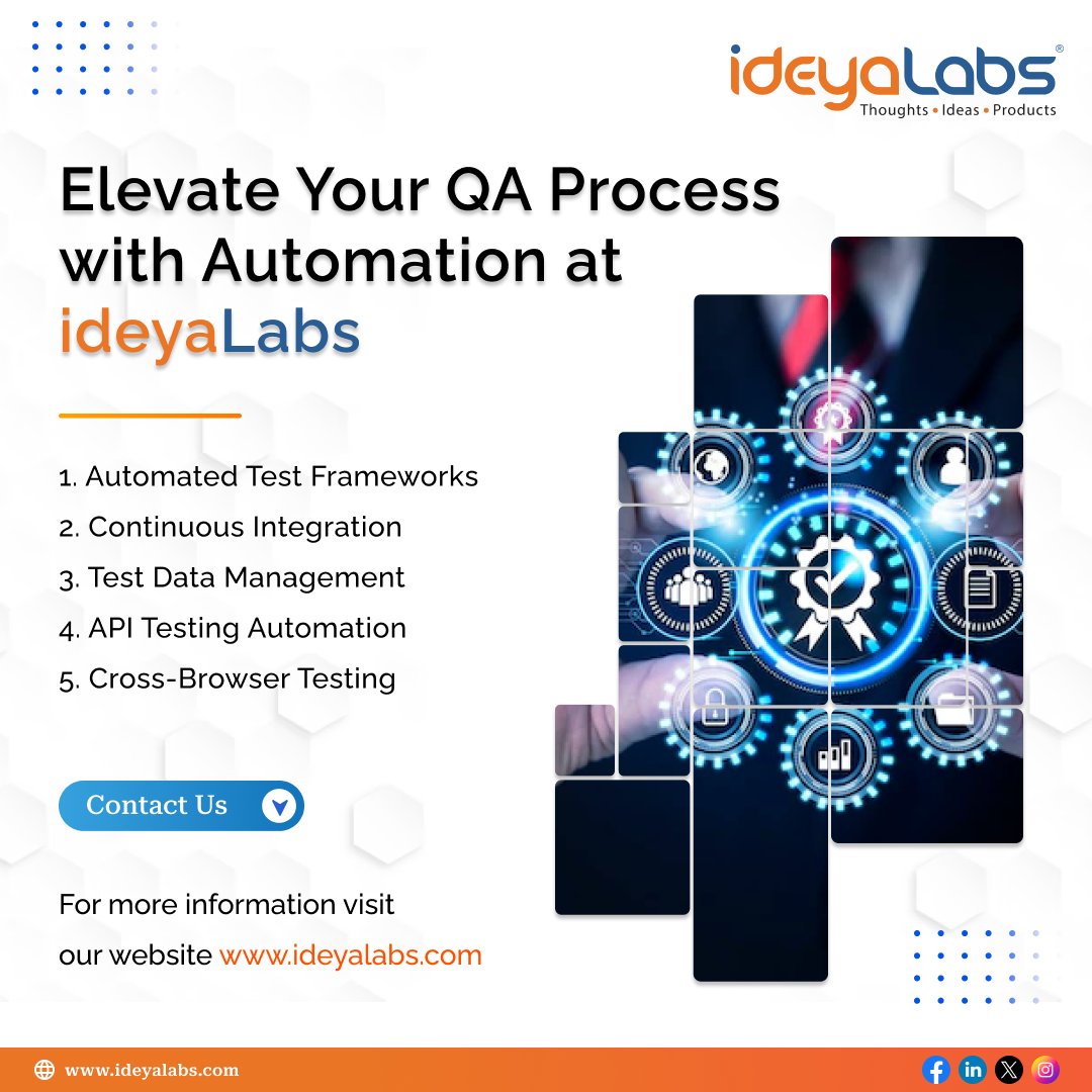 Elevate your #QAprocess with automation at @ideya_Labs . We offer automated test frameworks, continuous integration, test data management, #APItesting #automation, and cross-browser testing to enhance your #softwarequality and efficiency.