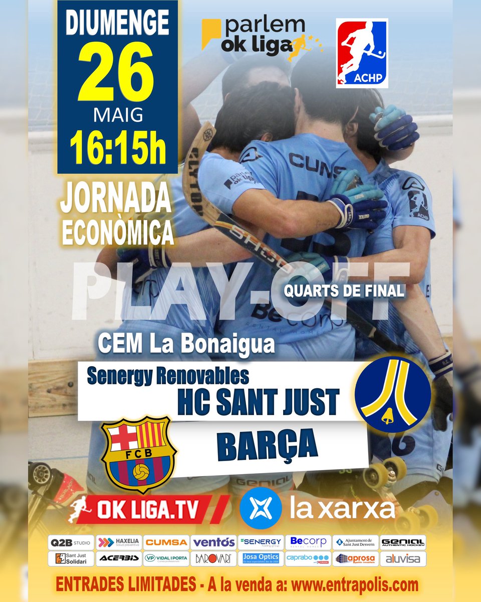 Aquest diumenge,....
VOLEM FORÇAR EL DESEMPAT! 💥
Segon partit, quarts de final
PLAY-OFF pel títol #OKLLIGA
📆Diumenge 26
⏱️16:15h
📍La Bonaigua
<a href="/HCSantJust/">HC SANT JUST</a> 🆚 <a href="/FCBhoquei/">Barça Hoquei</a> 
SOM-HI EQUIP!! 💪💪🔷🔶🔷
#SomHCSJ #SantJust