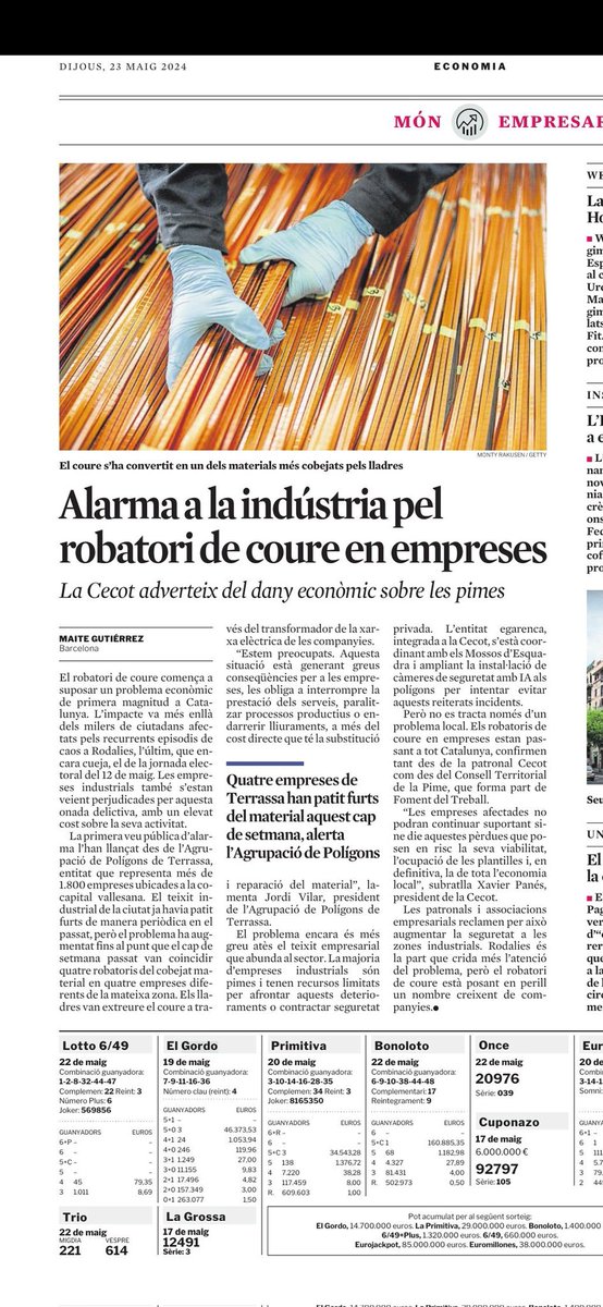 Els robatoris de #coure són també un problema per a les empreses que el pateixen i un problema econòmic per les seves repercusions directes i indirectes. La <a href="/PatronalCecot/">Patronal Cecot</a> en parlem avui a <a href="/LaVanguardia/">La Vanguardia</a>.