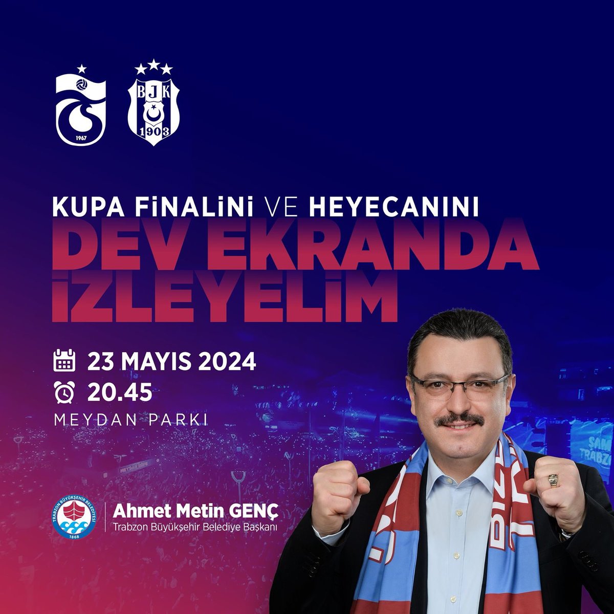 Ziraat Türkiye Kupası Finali heyecanını Meydan’da hep birlikte yaşayacağız.🏟️ Trabzonspor’umuza başarılar diliyoruz. 🔴🔵