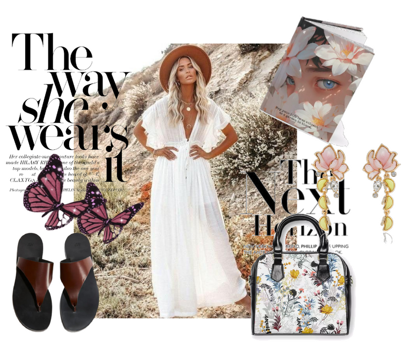 This  collage showcases a romantic boho style with a flowy white dress, a  floral handbag, and leather sandals.

Handbag: lucykaystore.myshopify.com/pro.../shoulde…
#fashion #trendingbeauty #StyleOfTheDay #dressupchallenge