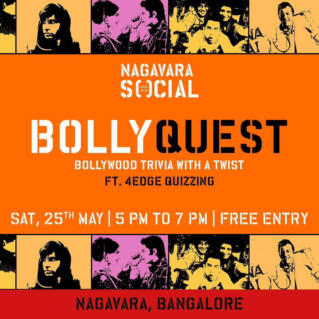 4EdgeQuizzing's tweet photo. *BOLLYWOOD THEMED PUB QUIZ @ Nagavara Social , BANGALORE*
 
⏱️ 25th May, Saturday, 5 pm to 7 pm
📍 Social Nagavara 
🎟️ Entry is *FREE*. Can RSVP here :     https://t.co/vpAr0VTLer
🙋🏻‍♂️ Teams of upto 5 people
🏆 Prizes for top 2 teams https://t.co/ItNsifexXX
