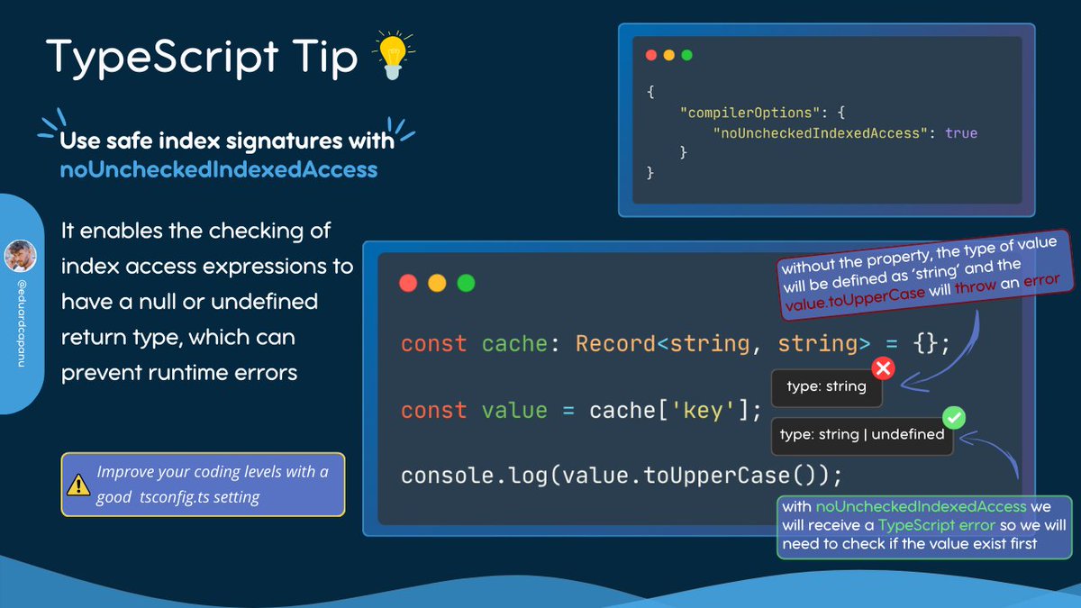 capanu2's tweet image. The noUncheckedIndexedAccess option is not part of the TS default 'strict' mode, but it is an option that can definitely help us improve the quality of our code.
#TSTip #TypeScript #TypeScriptTip