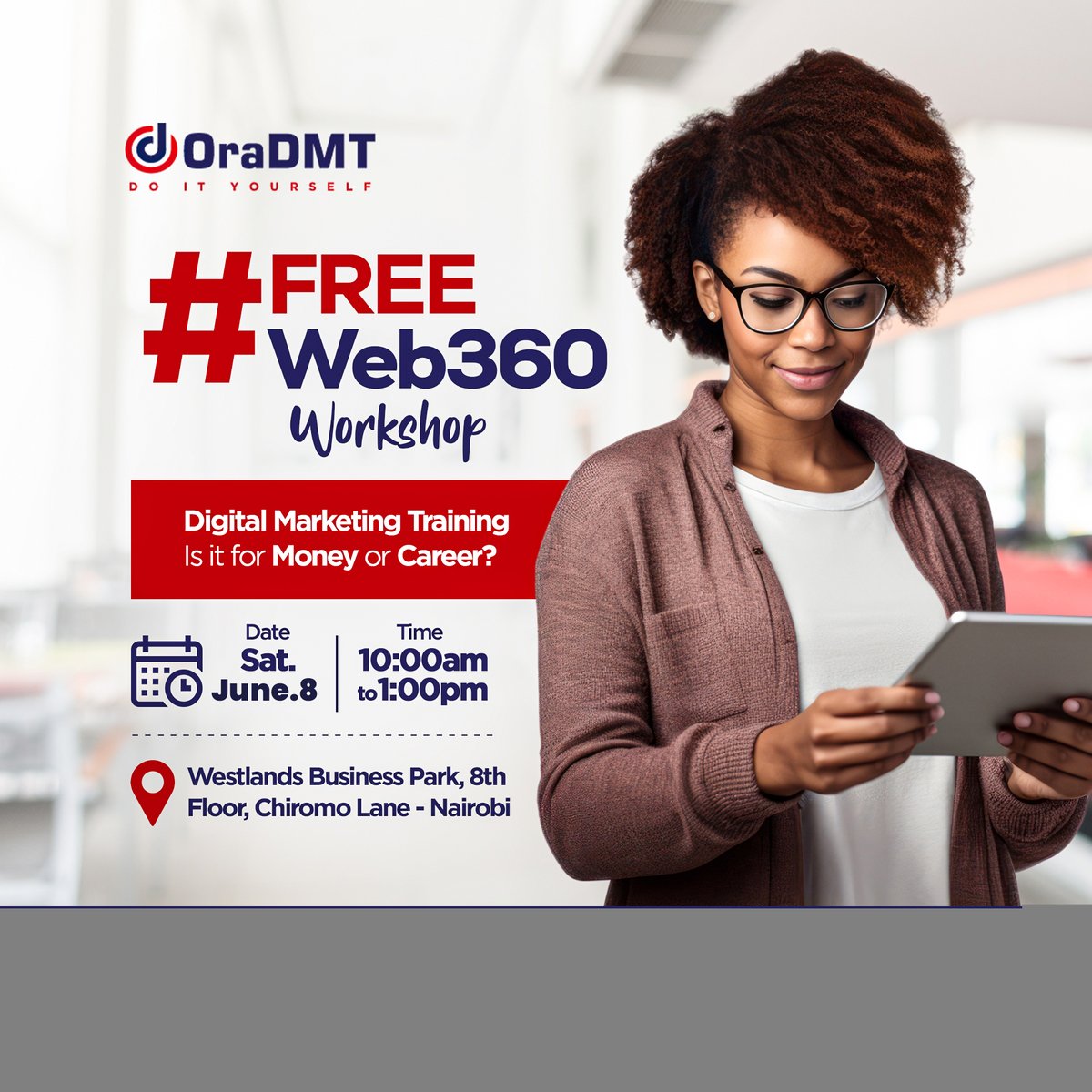 jumalphonce's tweet photo. OraDMT is offering a FREE Digital Marketing Training on June 8th. Register now: https://t.co/QB98HOyn2O
June Intake class starts 11th June 2024. 35% off if you sign up by 5th June! Details and coupon: https://t.co/zFxJ0ZBsVb
@KenyattaUni, @uonbi
#FreeWeb360 #digitalmarketing https://t.co/1djcV4Nmiq