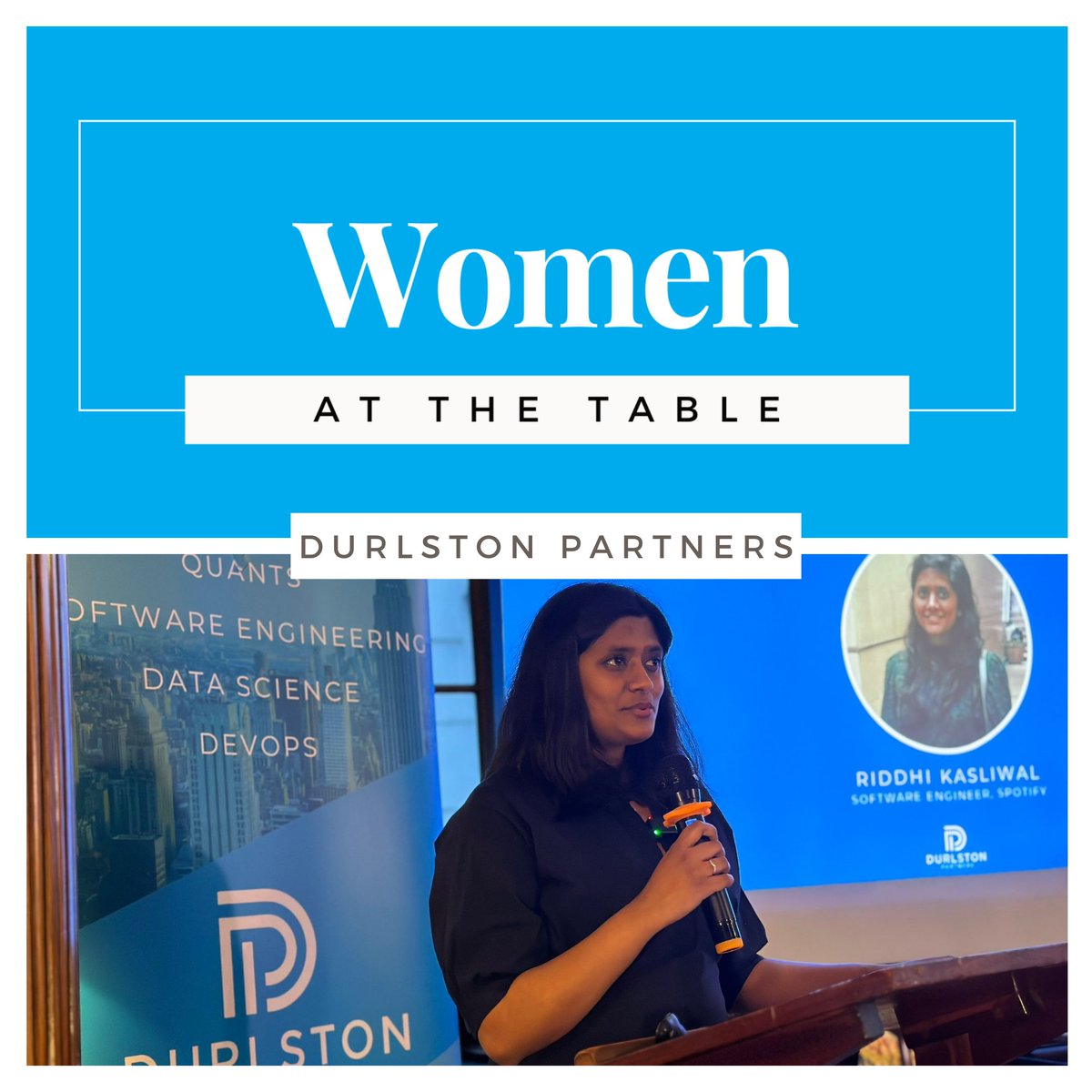 durlstonsearch's tweet photo. Awesome to have the brilliant Riddhi Kasliwal speaking at our Women at the Table event a few weeks ago. Riddhi shared her journey and insights from getting into CompSci, to going from IB to HF to Tech and throwing relocation into the mix.

#WomenAtTheTable https://t.co/MMYoJHipHQ