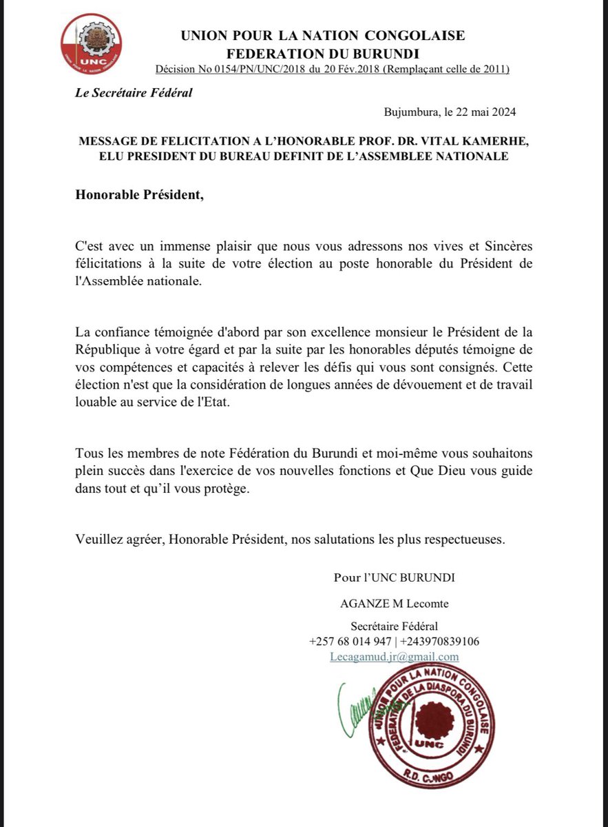 MESSAGE DE FELICITATION A L'HONORABLE PROF. DR. VITAL KAMERHE,
ELU PRESIDENT DU BUREAU DEFINIT DE L'ASSEMBLEE NATIONALE