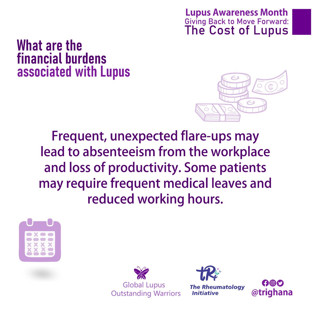 trighana's tweet photo. Frequent, unexpected flare-ups may lead to absenteeism from the workplace and loss of productivity. Some patients may require frequent medical leaves and reduced working hours.

#LupusAwarenessMonth #KnowLupus  #LupusSupport  #LivingWithAPriceTag #PurpleForLupus #GLOW #tRi https://t.co/kaYvGHeRKq
