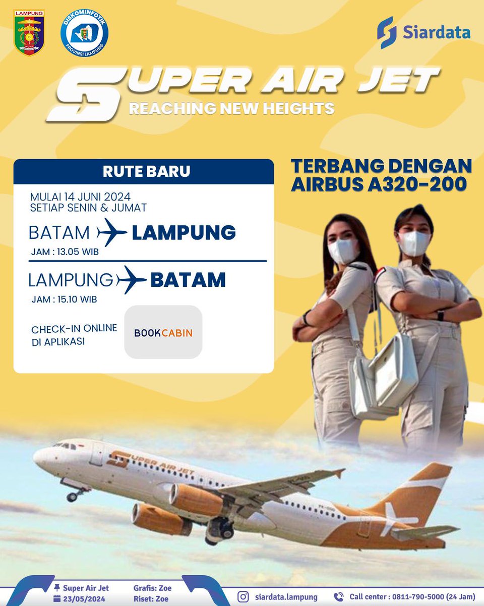 Mulai 24 Juni 2024 maskapai @superairjet akan membuka rute terbaru yaitu Lampung - Batam.

Rute ini dimulai 14 Juni 2024, dengan jadwal Senin dan Jumat pukul 13.05 WIB dan tiba pukul 14.30 WIB.

Sedangkan jadwal keberangkatan dari Lampung (TKG) – Batam (BTH) pukul 15.10 WIB