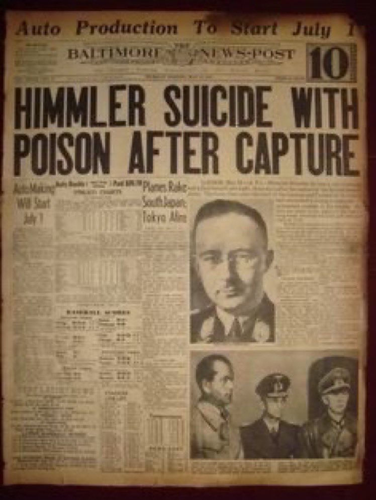 23 May 1945. SS chief Heinrich Himmler (aged 44), the key planner and coordinator of the Holocaust, committed suicide using cyanide, while in Allied custody. It was Himmler who organised the creation of concentration camps in Germany and death camps throughout Eastern Europe.