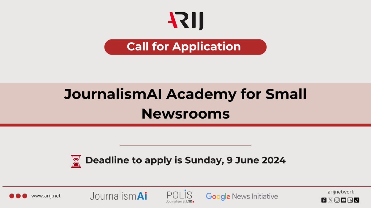 ✨Exciting opportunity for Arab small newsrooms

#JournalismAI Academy is launching in ARABIC

Designed by the #JournalismAI team in @PolisLSE, in partnership with ARIJ & powered by @GoogleNewsInit to offer an in-depth study of AI potential.

Apply now🚀
journalismai.info/programmes/aca…