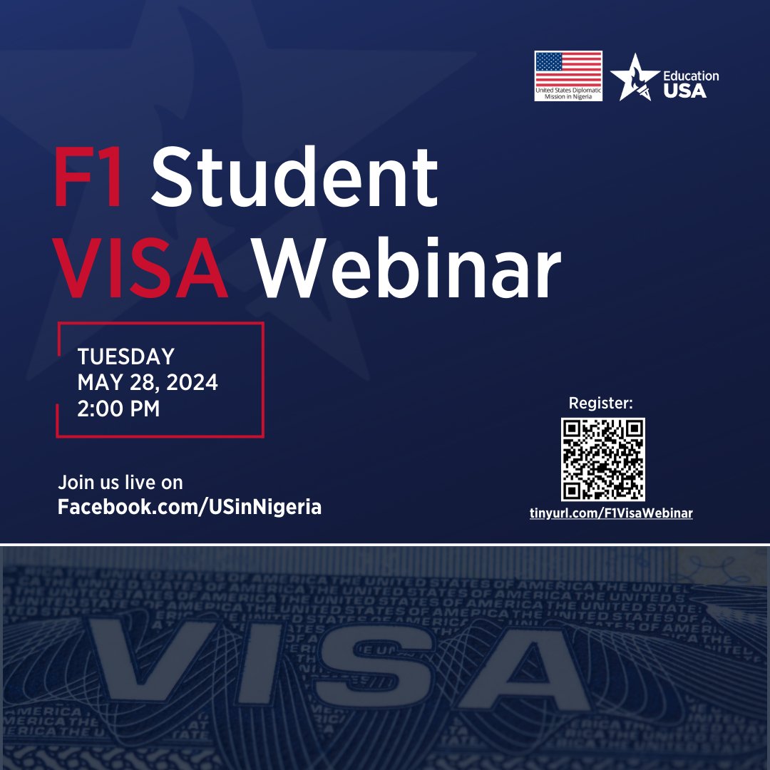 Have you been accepted to a U.S. college or university? Congratulations! 🎉 Next step: F1 (student) visa application and interview. Join our webinar on May 28 at 2 pm for all the information you need. Register at tinyurl.com/F1VisaWebinar #EducationUSANigeria #StudyWithUS #Visa