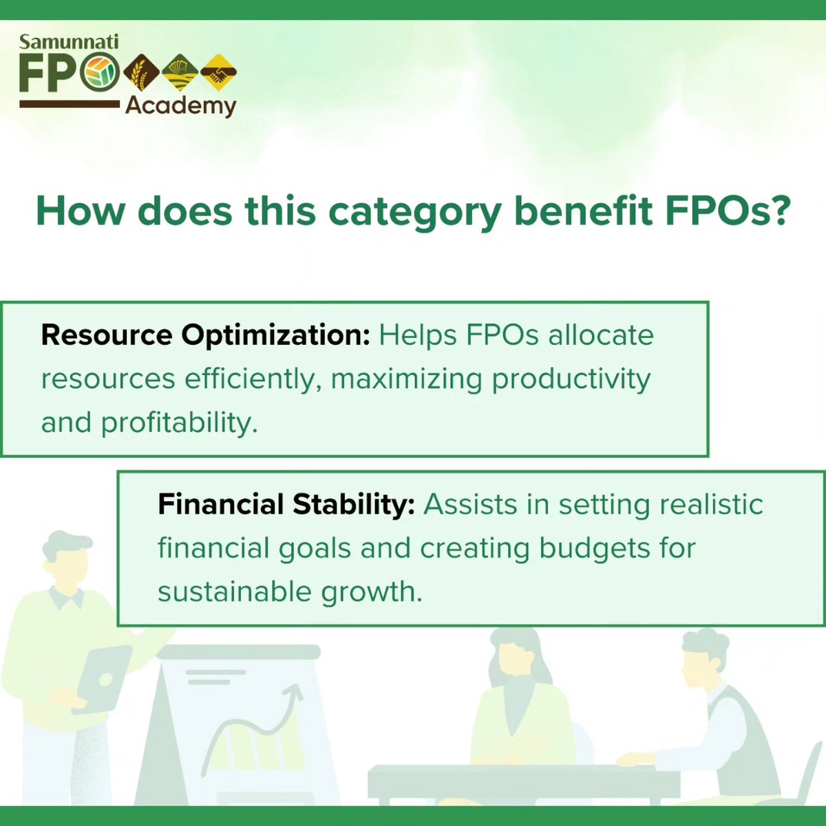 Welcome to Category 4: #BusinessPlanning. This category equips FPOs to create effective business plans, define vision, conduct market analysis, optimize resources, and manage finances. Let's drive your FPO towards sustainable growth and success.
#Samunnati #fpoacademy