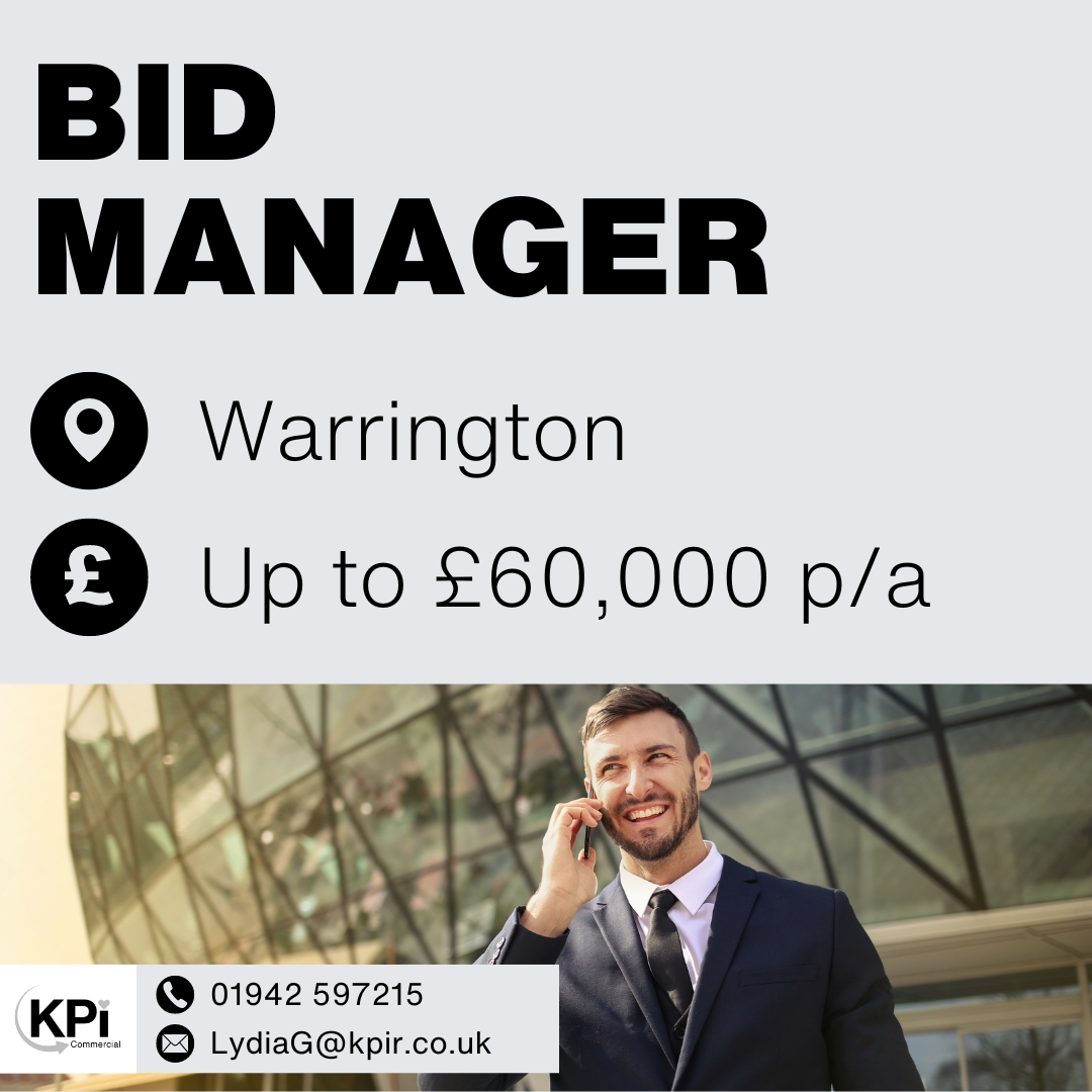 **BID MANAGER** Warrington. Up to £60,000 p/a. Hybrid role.

Visit bit.ly/BiWrWar for more details on this job.

Call 01942 597215 or email LydiaG@kpir.co.uk to apply.

#BidWriter #BidWriterJobs #WarringtonJobs #HybridJobs #HybridRole #KPIRecruiting