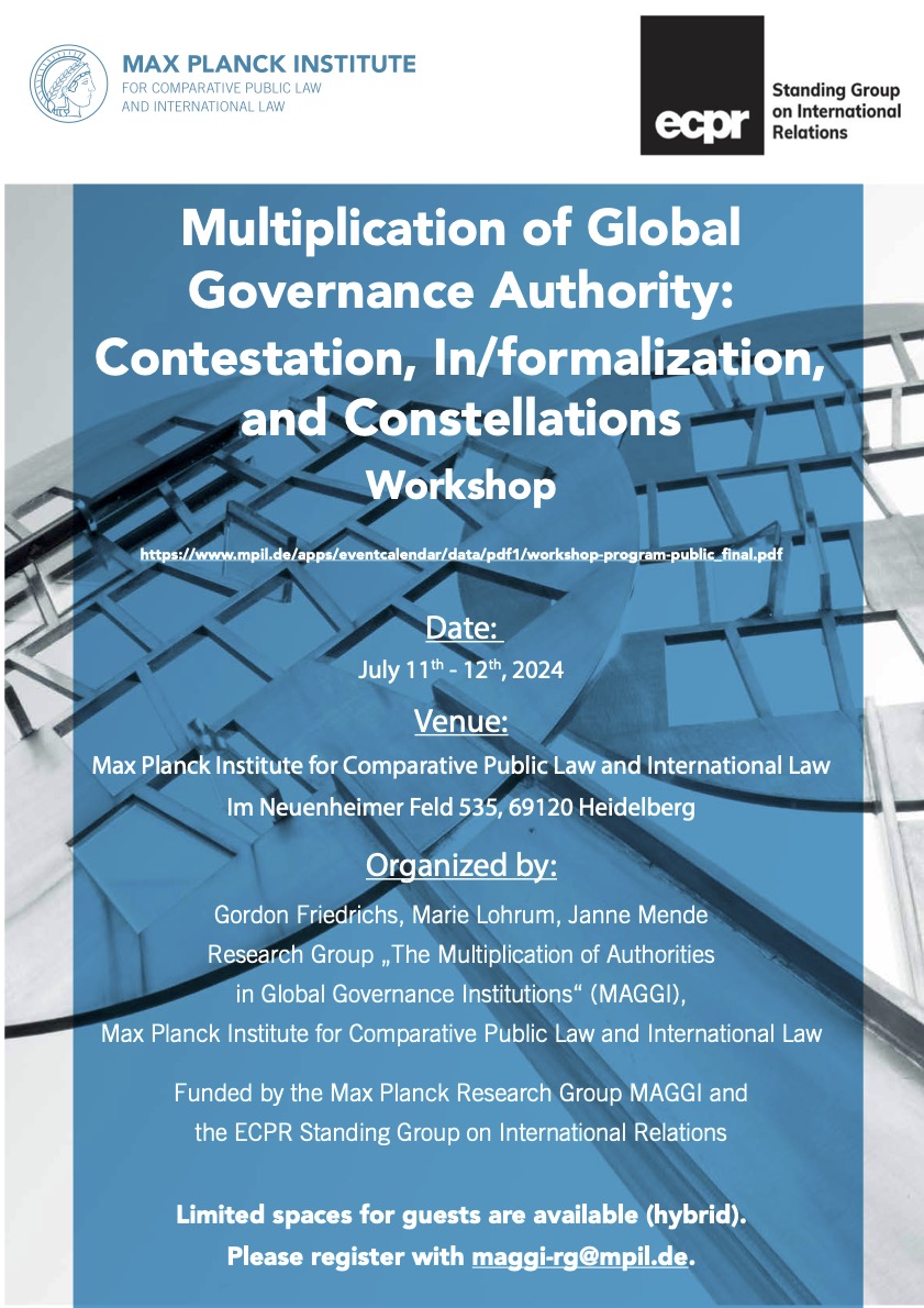 📅 Join us for the 'Multiplication of Global Governance Authority' workshop on July 11-12, 2024. Organized by the #MAGGI Research Group (@gordnfriedrichs, @MarieLohrum, Janne Mende). Register here for limited hybrid spots: maggi-rg@mpil.de 🔗 More info: mpil.de/en/pub/researc…