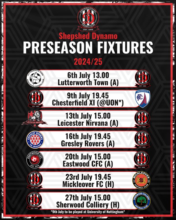 PRE SEASON SCHEDULE CONFIRMED! @Official_LTFC @ChesterfieldFC @LeicNirvana @GresleyRovers @EastwoodCFCV2 @Mickleover_FC @SCFC_08 pitchero.com/clubs/shepshed…