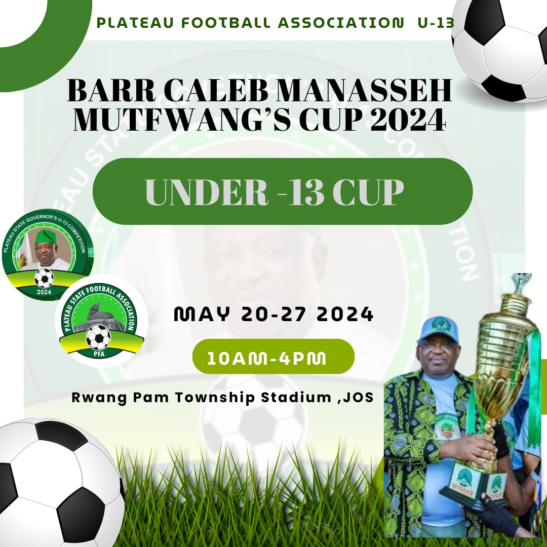PLATEAU STATE FOOTBALL ASSOCIATION U-13, TAGGED BARR. CALEB MANASSEH MUTFWANG'S CUP

TODAY'S FIXTURES:

Jos North vs Mangu -10am
Kanke vs Bokkos - 12noon
Langtang South vs Riyom - 2pm
Langtang North vs Bassa - 4pm
<a href="/plateau_united/">PlateauUnitedFC</a>
<a href="/jayfmjos/">JayFM Live</a>
<a href="/davidking247/">David KING 🇳🇬</a>

#PromotingJos  #TIMEISNOW