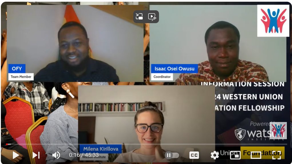 Missed our info session on the Western Union Foundation Fellowship 2024? Watch it on-demand now!

Enhance your #leadership skills and make a positive impact with this fully-funded #fellowship. 

Watch here: shorturl.at/lk6KY

#YouthOpportunities @Watson_Inst