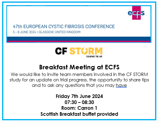 CF STORM (@cfstormstudy) on Twitter photo Thank you for all your efforts towards recruitment for <a href="/cfstormstudy/">CF STORM</a>. We are now on ✨528✨
We are holding a breakfast meeting at ECFS in Glasgow to discuss all things CF STORM. All <a href="/cfstormstudy/">CF STORM</a> team members are welcome to join us.
<a href="/cftrust/">Cystic Fibrosis Trust</a> <a href="/DaviesGwyneth/">Gwyneth Davies</a> <a href="/livuni_LCTC/">Liverpool Clinical Trials Centre (LCTC)</a> Thank you for all your efforts towards recruitment for <a href="/cfstormstudy/">CF STORM</a>. We are now on ✨528✨
We are holding a breakfast meeting at ECFS in Glasgow to discuss all things CF STORM. All <a href="/cfstormstudy/">CF STORM</a> team members are welcome to join us.
<a href="/cftrust/">Cystic Fibrosis Trust</a> <a href="/DaviesGwyneth/">Gwyneth Davies</a> <a href="/livuni_LCTC/">Liverpool Clinical Trials Centre (LCTC)</a>