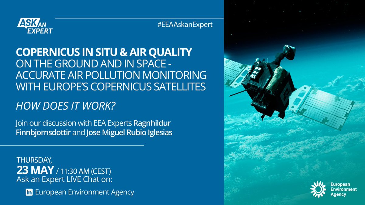 🌐How does our #Copernicus in situ component help monitor air quality? @EUEnvironment is hosting a live chat on LinkedIn where you can hear directly from experts🧑‍🔬about the role of Copernicus data in reducing #AirPollution😷 📅Today, 11:30 AM (CEST) 🔗linkedin.com/events/eeaaska…