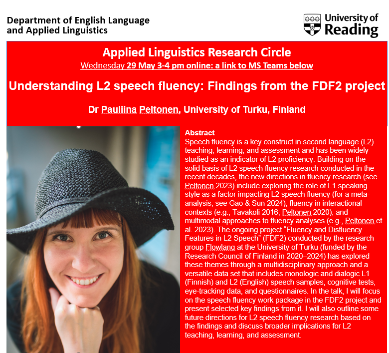 paupelt's tweet photo. I'll be giving an invited talk on speech #fluency based on #FDF2 findings in the Applied Linguistics Research Circle at the University of Reading next Wed (29th) at 3 pm (UK time) online. DM/email me for the Teams link if you'd like to attend! #FlowLangGroup @SuomenAkatemia https://t.co/rmTDyTzWqq
