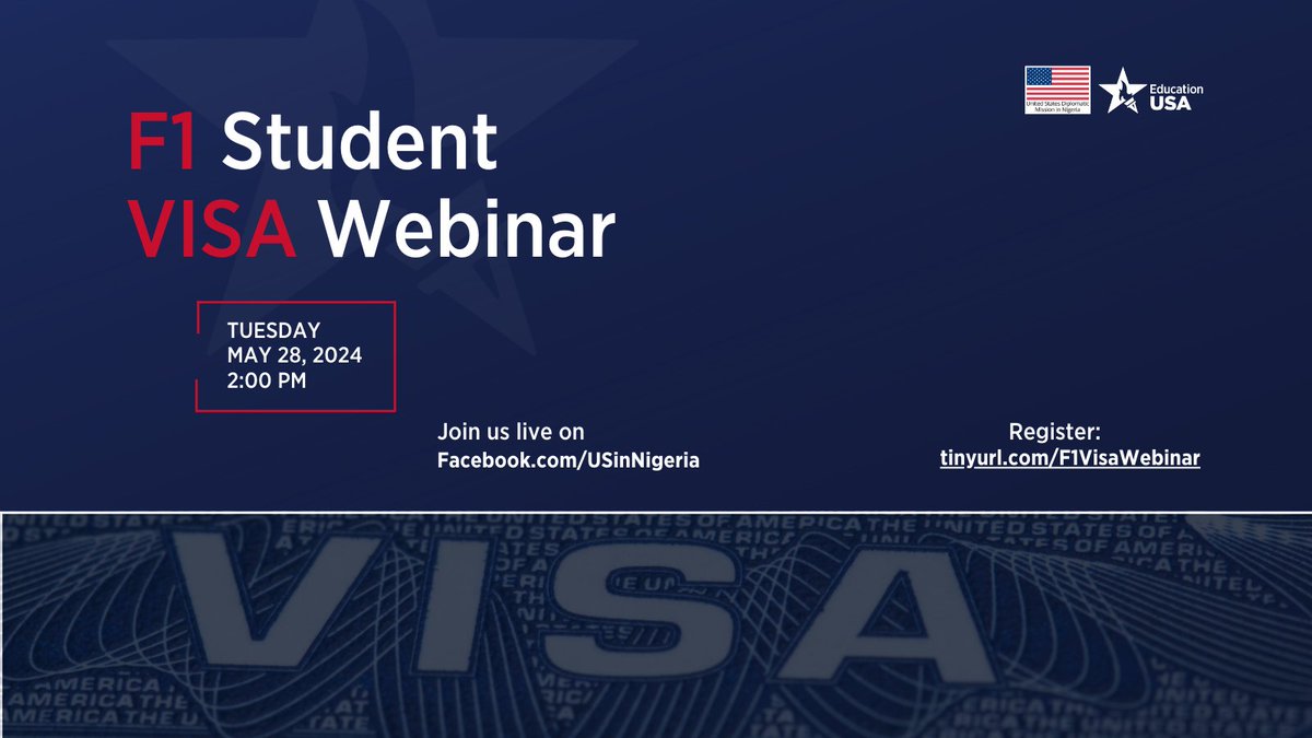 Have you been accepted to a U.S. college or university? Congratulations! 🎉 Next step: F1 (student) visa application and interview. Join our webinar on May 28 at 2 pm for all the information you need. Register at tinyurl.com/F1VisaWebinar #EducationUSANigeria #StudyWithUS #Visa
