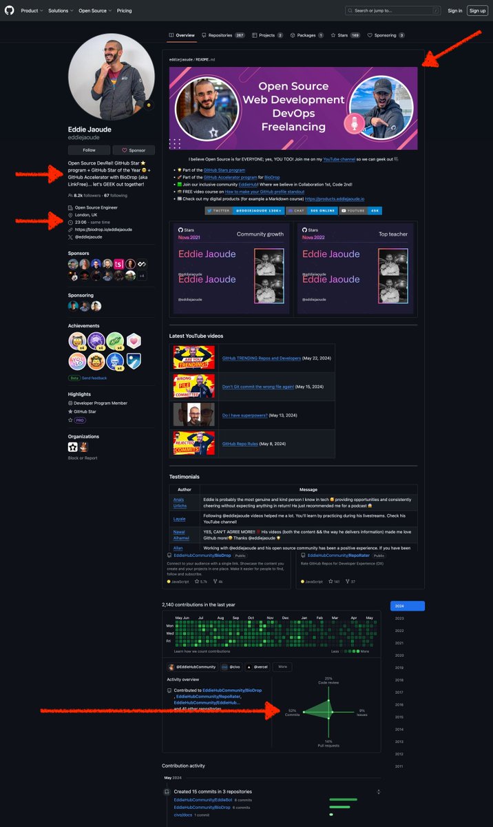 4 areas of your GitHub profile that are important...

✅ name + bio
✅ meta data (left)
✅ customised (right)
✅ contributing graph (bottom)

❌ green squares

Use the customisation section as your personal website and portfolio, then pin 2-4 repos to highlight 🚀