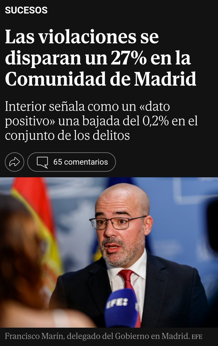 Las probabilidades de que tú hija sea asaltada por una manada en Madrid aumentan, pero Francisco @DGobiernoMadrid está contento porque las probabilidades de que te roben en el Mercadona descienden.