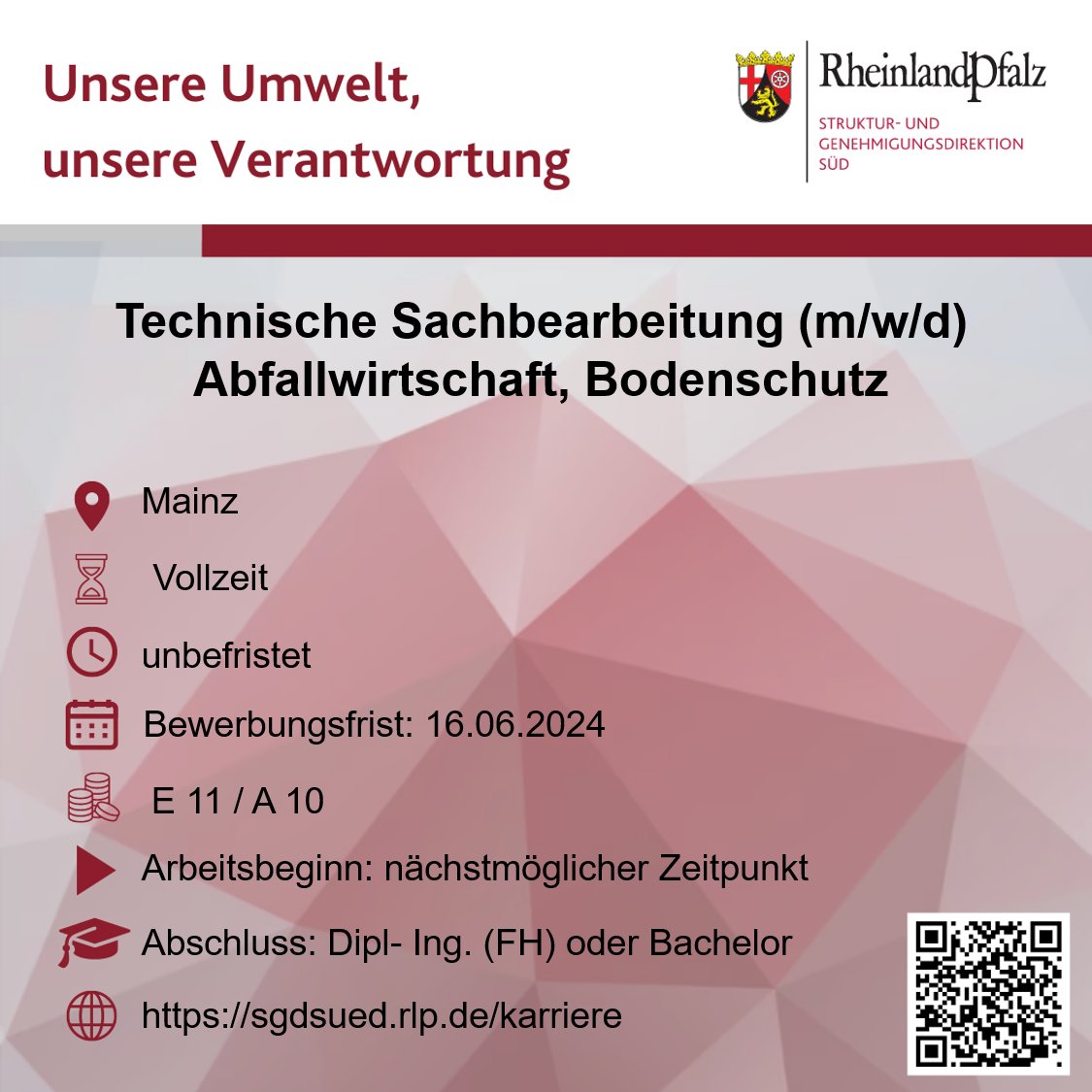 🌿Unsere Umwelt, unsere Verantwortung🌿
s.rlp.de/VtoaC
#Karriere #Jobs #Stellenangebot #DualesStudium
#Umweltbehörde #Immissionsschutz #Windenergie #Gewässergüte #Bodenschutz #Naturschutz 
Verstärken Sie das Team von <a href="/HannesKopf/">Hannes Kopf</a>