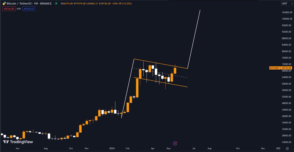 #Bitcoin is still trading in a bull flag formation on the weekly timeframe!

Breakout target is set at $105k once it breaks out.