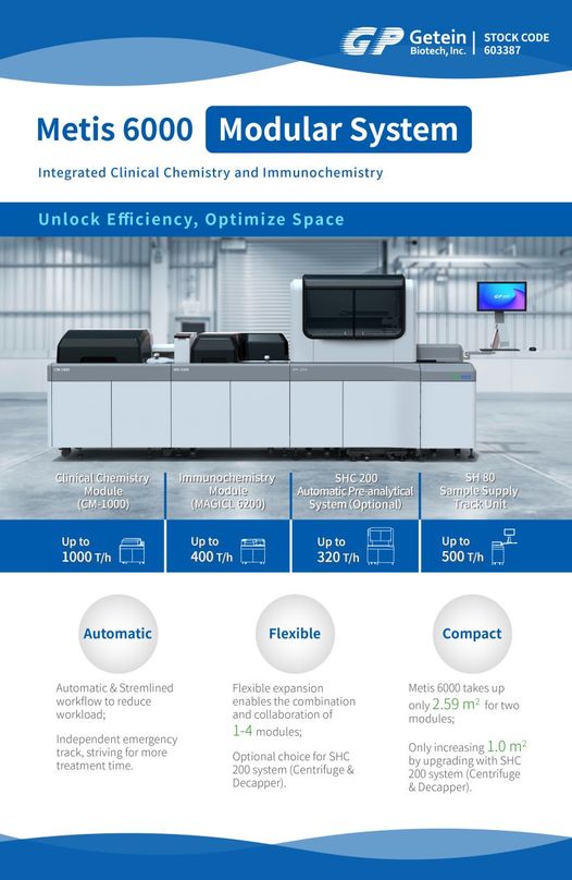 getein's tweet image. 🔵Combining the high-performance clinical chemistry module CM-1000 with highly effective immunochemistry module MAGICL 6000, Metis 6000 enables the combination and collaboration of 1-4 modules.
#Getein #Metis6000 #labtechnology #laboratory
