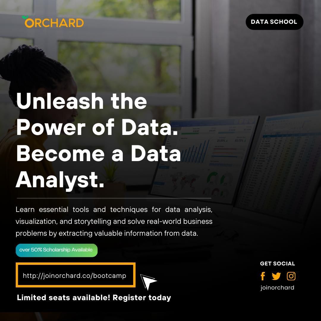 joinorchard's tweet photo. Level Up Your Data Skills! The Orchard's Data Analyst Bootcamp equips you for success! Learn visualization, stats &amp; industry tools. Beginners or pros welcome! Limited spots! ⏳ Register: https://t.co/fvi1sIS5ga #DataAnalyst #Bootcamp #TheOrchar https://t.co/LBuweLhKCv