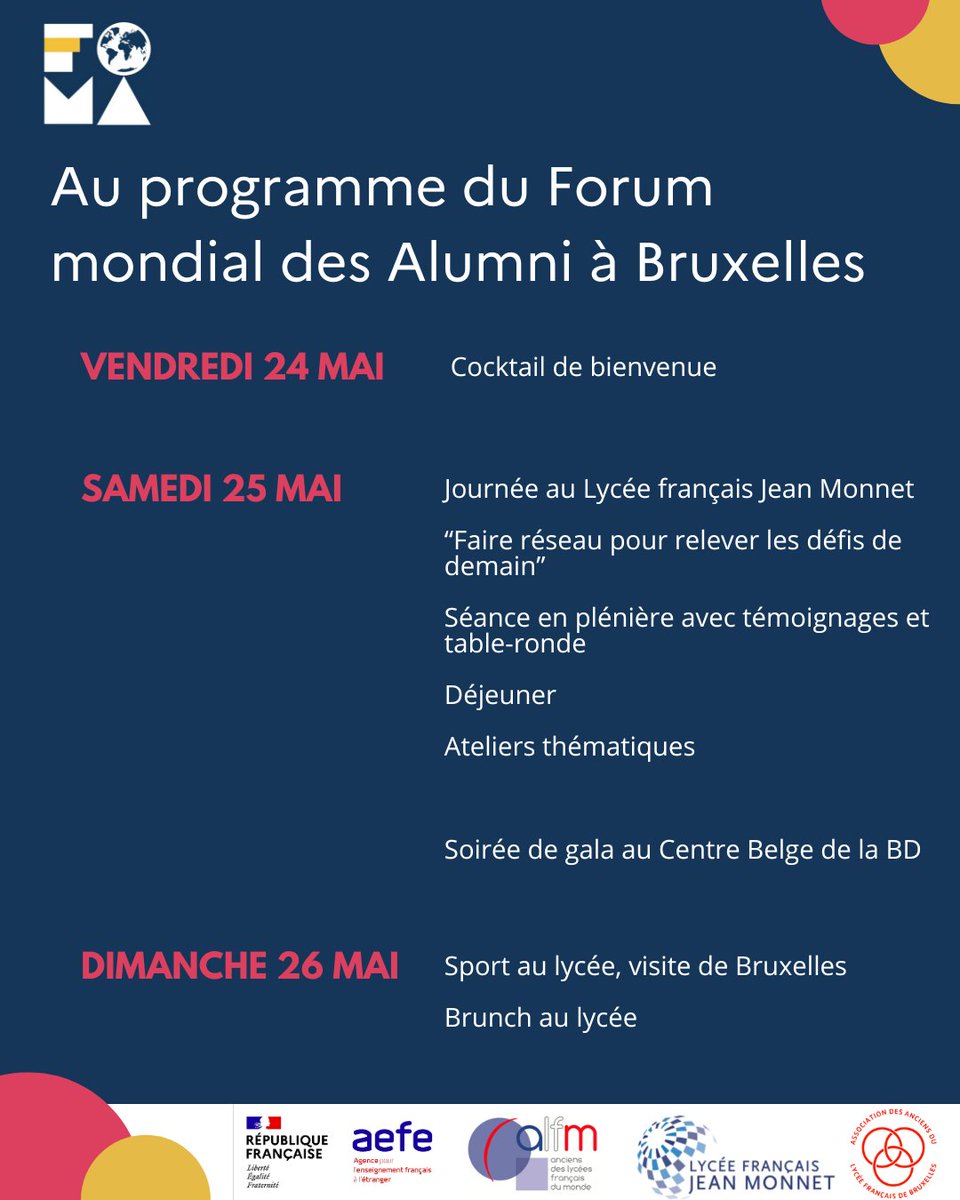 aefeinfo's tweet photo. #FOMA2024 🌍| J-1 avant le Forum mondial des alumni des lycées français du monde qui aura lieu à Bruxelles du 24 mai au 26 mai 2024 !

Retrouvez ci-joint le programme.

À bientôt à Bruxelles ! https://t.co/HoxIMloXVB